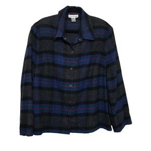 Evan Picone VTG Blue Grey Black Plaid Shirt Jacket 22W Wood Blend Snap Closure
